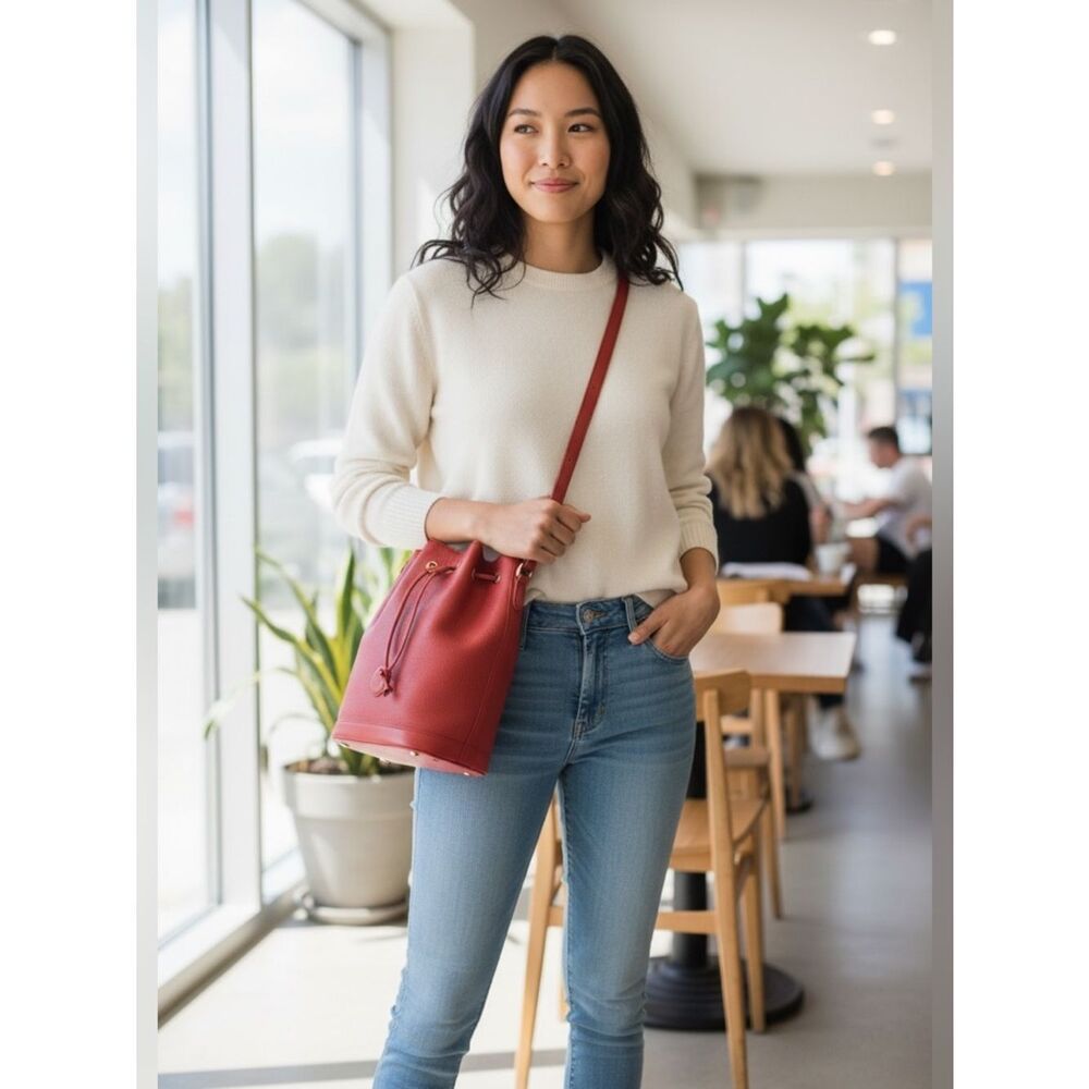 Rare! Mark Cross New York Vintage 90’s Orange Red Leather Drawstring Bucket Bag